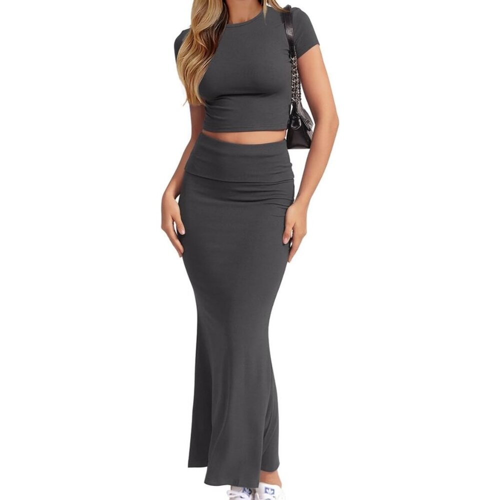 Women's Dark Grey Two Piece Sets Sleeve Crewneck Cropped Bodycon Maxi Skirt